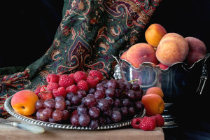 still life with grapes and peaches