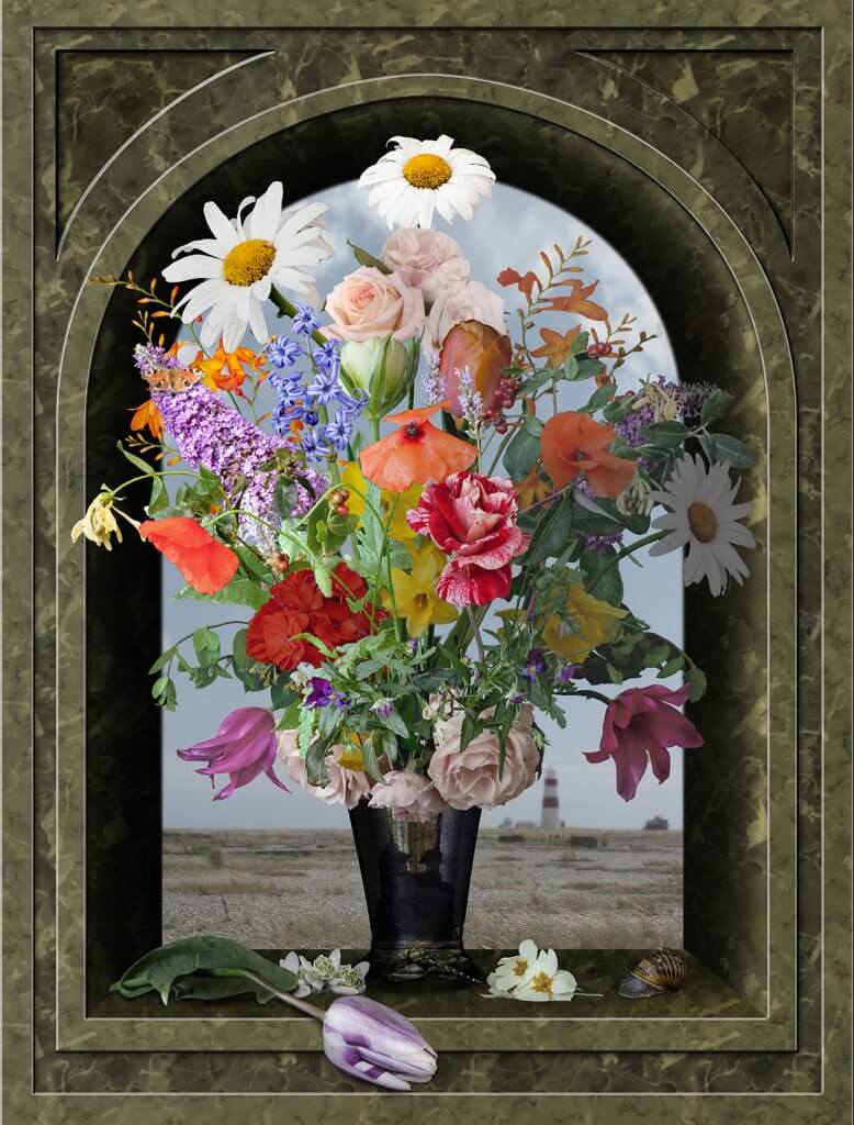 flowers in a silver vase montage