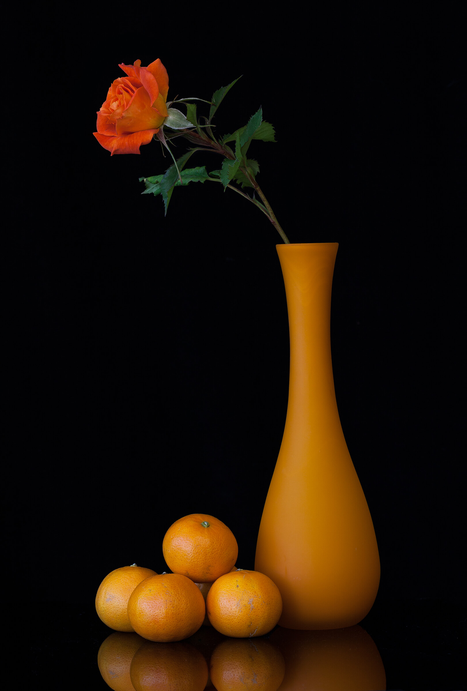 Orange Super trouper rose in an orange vase with tangerines
