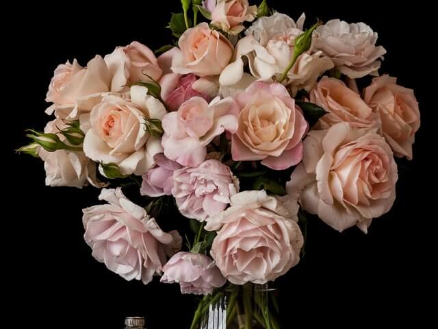 bouquet of blush roases in glass vase